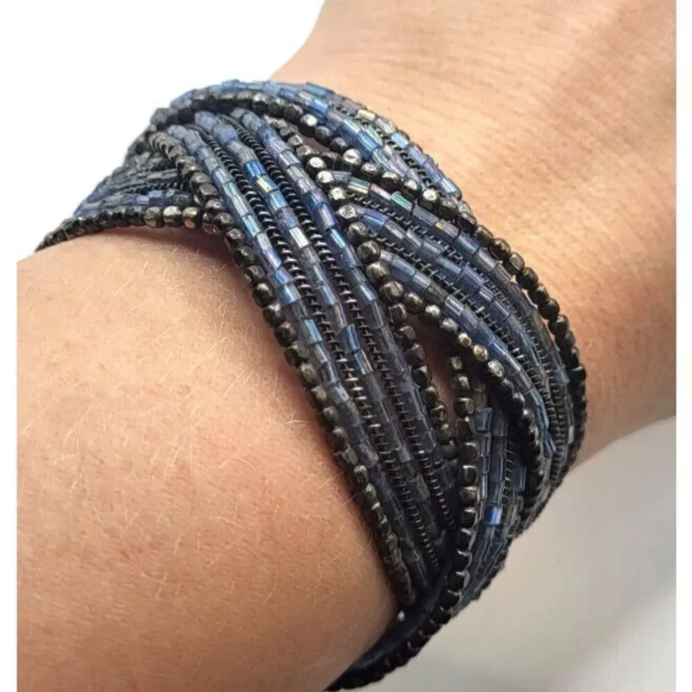 Vintage 90s Beaded Bronze and Silver Beaded Bohemian Bangle Bracelet 8in